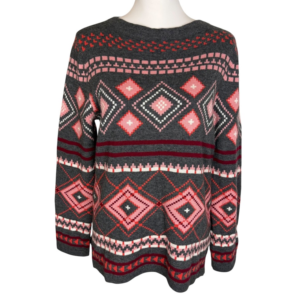 Talbots Womens Gray Pink Fair Isle Lambswool Blend Pullover‎ Sweater Geometric M
